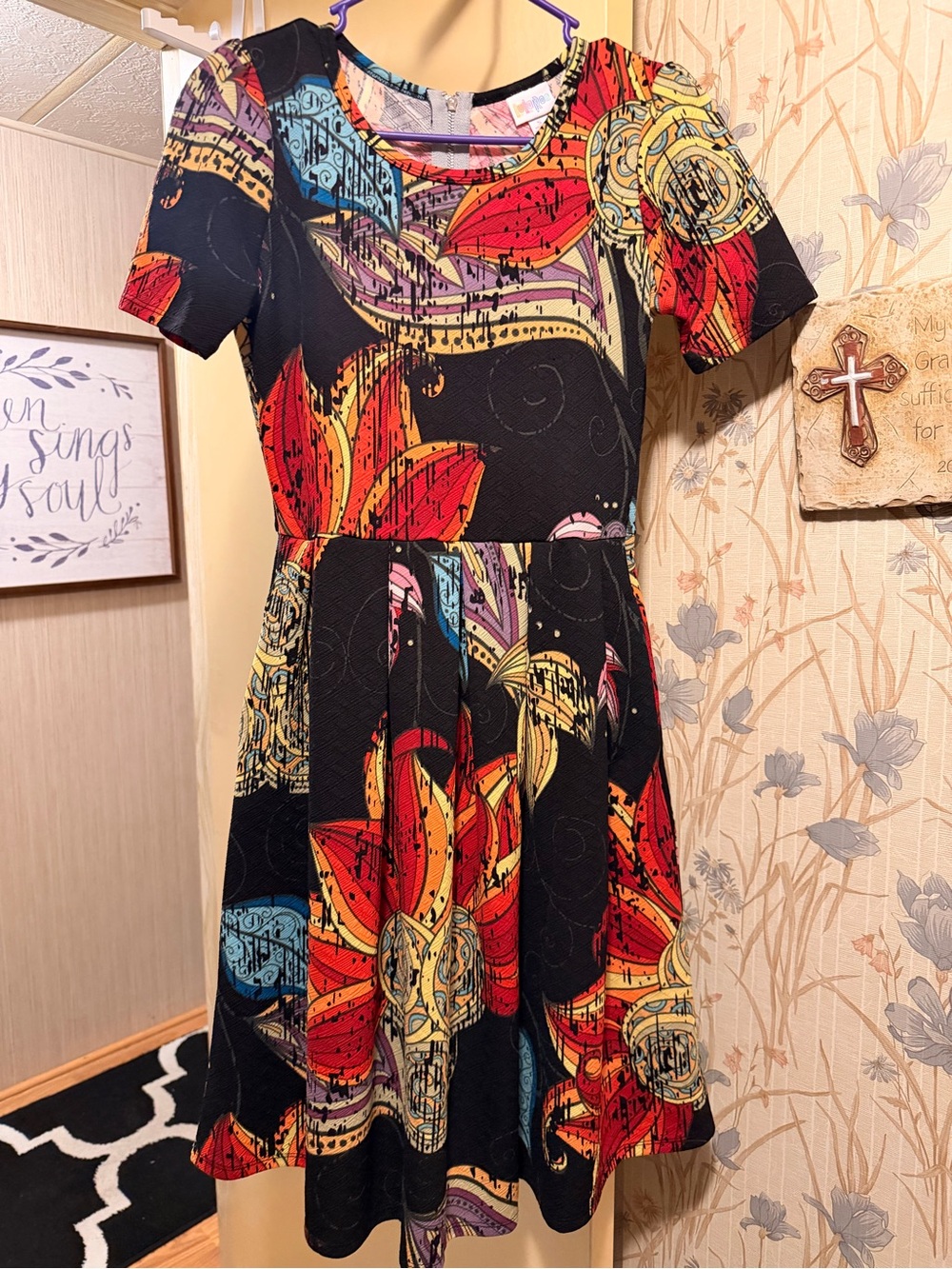 LuLaRoe Black Floral-Print Fit & Flare Dress with Red and Yellow Accents - Picture 2 of 6